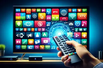 alt_text: A guide showing a hand using a remote to set up a streaming device for a smart TV displaying vibrant IPTV apps.