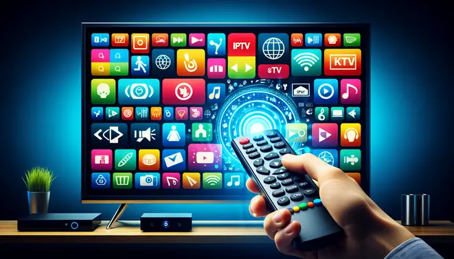 alt_text: A guide showing a hand using a remote to set up a streaming device for a smart TV displaying vibrant IPTV apps.