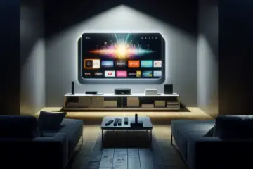 alt_text: A modern living room with a Smart TV displaying a vibrant IPTV interface, surrounded by streaming devices like a Fire Stick.