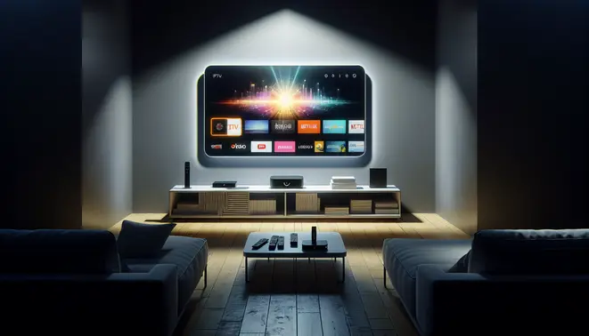 alt_text: A modern living room with a Smart TV displaying a vibrant IPTV interface, surrounded by streaming devices like a Fire Stick.