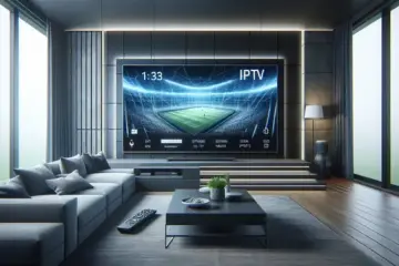 alt_text: A modern living room with a large TV showing a dynamic sports interface, an IPTV player, and a remote on a coffee table.