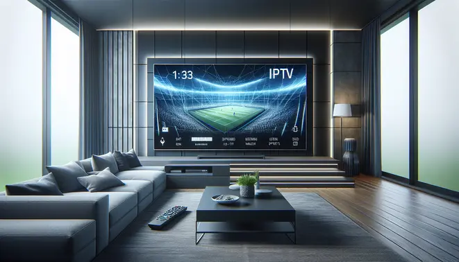 alt_text: A modern living room with a large TV showing a dynamic sports interface, an IPTV player, and a remote on a coffee table.