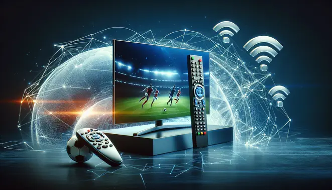alt_text: A modern TV screen shows live sports. It's surrounded by a remote and WiFi signals, highlighting seamless IPTV streaming.