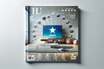 alt_text: A magazine cover featuring a modern living room with a smart TV displaying the STBEmu app, surrounded by streaming icons and review ratings.