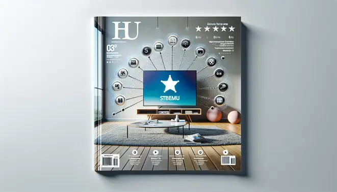 alt_text: A magazine cover featuring a modern living room with a smart TV displaying the STBEmu app, surrounded by streaming icons and review ratings.