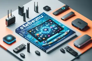 alt_text: A smart TV displays an IPTV app interface, surrounded by streaming devices on a modern magazine cover reviewing Stbemu.
