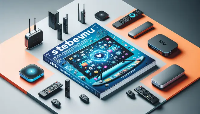 alt_text: A smart TV displays an IPTV app interface, surrounded by streaming devices on a modern magazine cover reviewing Stbemu.