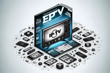 Alt text: A magazine cover featuring a smart TV displaying the Stbemu IPTV app, surrounded by devices, with bold titles and subheadings.