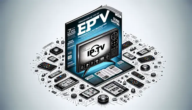 Alt text: A magazine cover featuring a smart TV displaying the Stbemu IPTV app, surrounded by devices, with bold titles and subheadings.