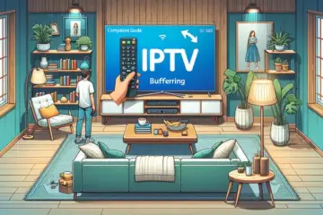 alt_text: A guide showing a Firestick remote fixing IPTV buffering on a TV screen, set in a cozy living room.