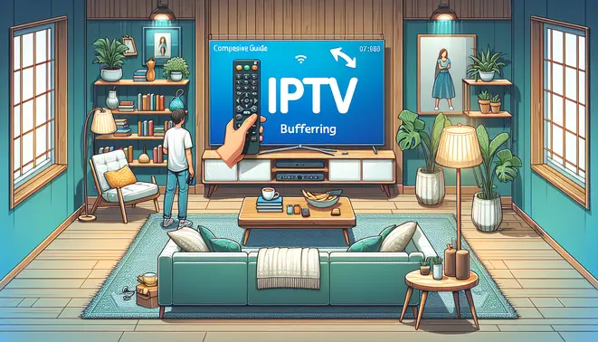 alt_text: A guide showing a Firestick remote fixing IPTV buffering on a TV screen, set in a cozy living room.