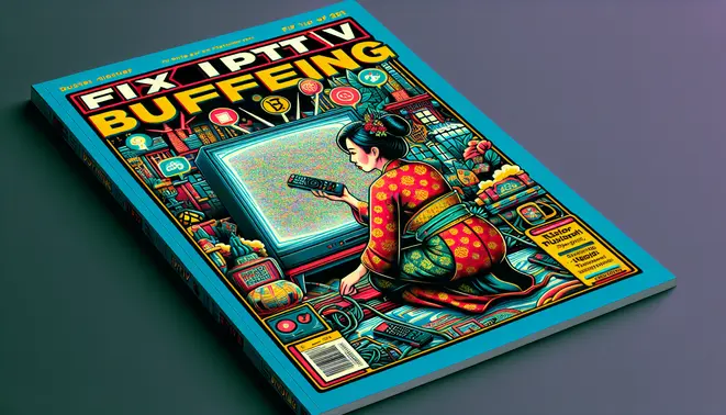alt_text: A magazine cover showing a person troubleshooting a buffering TV, with tech icons and the title "Fix IPTV Buffering."