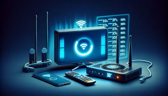 alt_text: A frozen TV with a buffering icon. A remote, phone with network stats, and router hint at troubleshooting steps for IPTV.