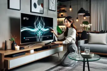 alt_text: A person fixes IPTV buffering on their smart TV, achieving a smooth, high-definition stream in a modern living room.