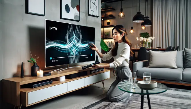 alt_text: A person fixes IPTV buffering on their smart TV, achieving a smooth, high-definition stream in a modern living room.