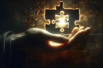 A hand holding a glowing, incomplete jigsaw puzzle piece over a dark, textured background.