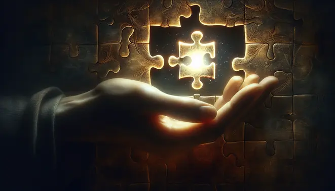 A hand holding a glowing, incomplete jigsaw puzzle piece over a dark, textured background.
