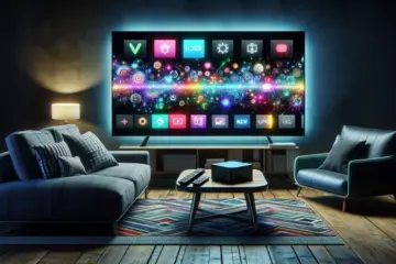 alt_text: A modern living room with a smart TV displaying a vibrant IPTV app guide, an Android TV box, and remote.