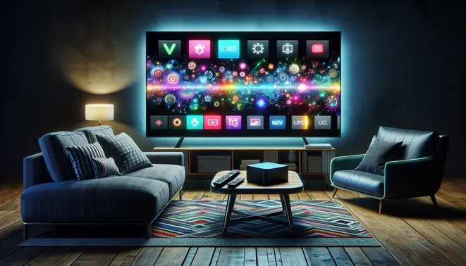 alt_text: A modern living room with a smart TV displaying a vibrant IPTV app guide, an Android TV box, and remote.