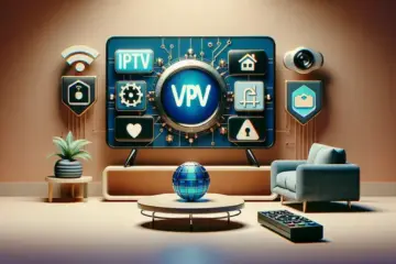 alt_text: A modern living room with a smart TV displaying IPTV apps, a VPN shield icon, and a remote on a table.