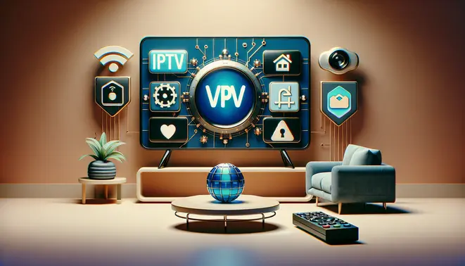 alt_text: A modern living room with a smart TV displaying IPTV apps, a VPN shield icon, and a remote on a table.