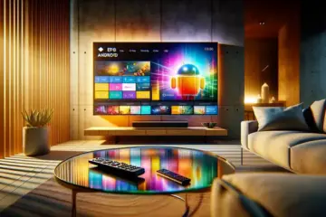 alt_text: A modern living room with a large Android TV displaying a colorful EPG guide, being controlled by a remote.