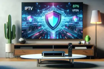 alt_text: A sleek living room with a large Smart TV showing a vibrant IPTV interface, a VPN shield icon, and an Android TV device on a table.