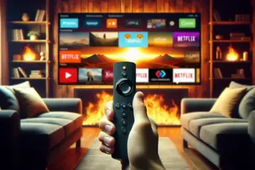 alt_text: A hand holds a Firestick remote in front of a TV displaying streaming apps, with a cozy living room in the background.