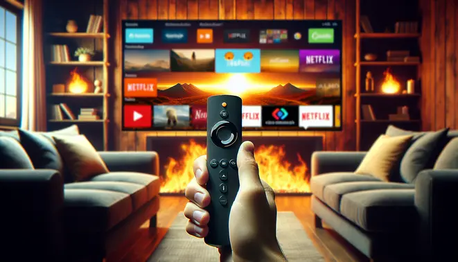 alt_text: A hand holds a Firestick remote in front of a TV displaying streaming apps, with a cozy living room in the background.