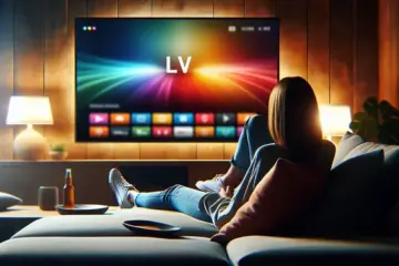 A person on a sofa using the Tivimate IPTV app on their large, wall-mounted Android TV.