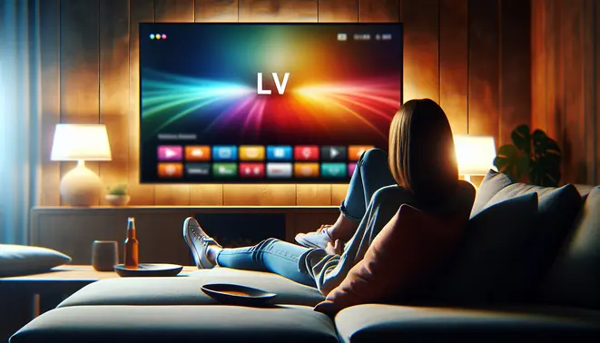 A person on a sofa using the Tivimate IPTV app on their large, wall-mounted Android TV.
