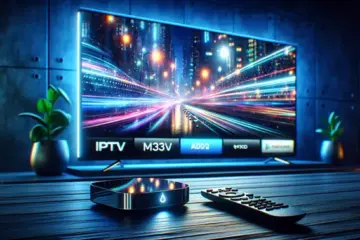 alt_text: A modern smart TV screen displays a vibrant IPTV interface with an M3U playlist, an Android TV device, and a remote.
