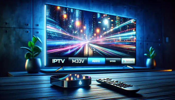 alt_text: A modern smart TV screen displays a vibrant IPTV interface with an M3U playlist, an Android TV device, and a remote.