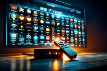alt_text: A Firestick device lies before a TV displaying an M3U IPTV playlist. Glowing icons and the guide's title complete this tech-savvy cover.