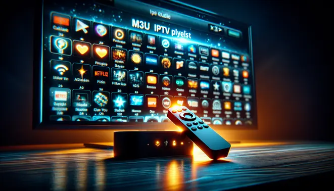 alt_text: A Firestick device lies before a TV displaying an M3U IPTV playlist. Glowing icons and the guide's title complete this tech-savvy cover.