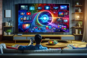 alt_text: A modern living room with a Smart TV displaying a vibrant IPTV interface, a person using the remote.