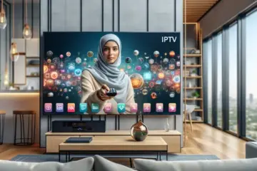 alt_text: A modern living room with a person holding a remote, engaging with a Smart TV displaying a vibrant IPTV interface.