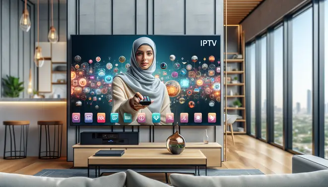 alt_text: A modern living room with a person holding a remote, engaging with a Smart TV displaying a vibrant IPTV interface.