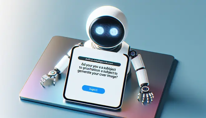 alt_text: A friendly AI assistant's text prompt asking for a topic to generate a cover image.