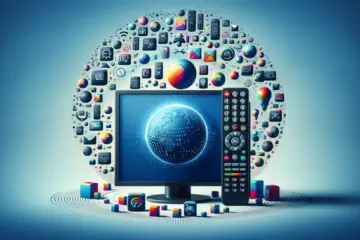 alt_text: A modern TV screen displays a colorful EPG guide, surrounded by a remote and streaming icons, for an IPTV subscription ebook.