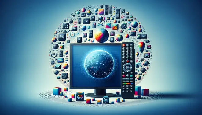 alt_text: A modern TV screen displays a colorful EPG guide, surrounded by a remote and streaming icons, for an IPTV subscription ebook.
