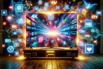 alt_text: A modern smart TV displays vibrant 4K streaming channels, surrounded by digital icons, for a guide about IPTV subscriptions.
