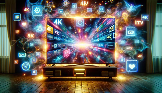 alt_text: A modern smart TV displays vibrant 4K streaming channels, surrounded by digital icons, for a guide about IPTV subscriptions.