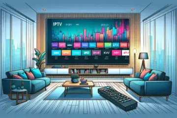 alt_text: A modern living room with a slim 4K smart TV displaying vibrant channels and a remote, promoting an IPTV subscription guide.