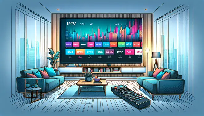 alt_text: A modern living room with a slim 4K smart TV displaying vibrant channels and a remote, promoting an IPTV subscription guide.