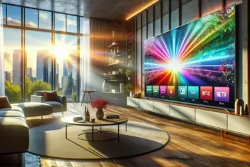 alt_text: A modern living room with a 4K TV showing a vibrant IPTV interface, highlighting streaming apps and premium content.