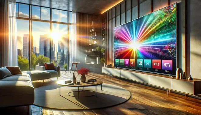 alt_text: A modern living room with a 4K TV showing a vibrant IPTV interface, highlighting streaming apps and premium content.