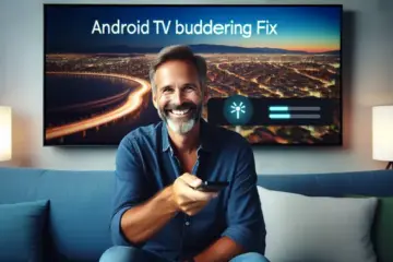 alt_text: A person smiles as a buffering icon on their modern TV resolves, holding a remote. The title "Android TV Buffering Fix" is overlaid.