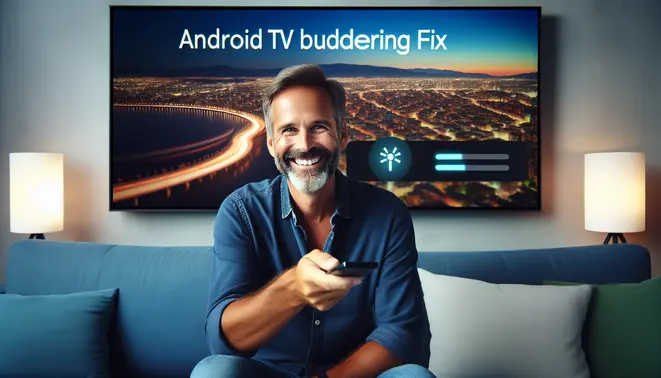 alt_text: A person smiles as a buffering icon on their modern TV resolves, holding a remote. The title "Android TV Buffering Fix" is overlaid.