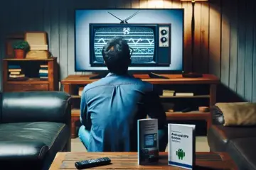 alt_text: A frustrated user faces a buffering TV, with a helpful guidebook offering Android TV and IPTV solutions on the table.